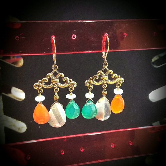 gen stones;Calcedony,Carnelian,14KGF Earrings. 2" - Picture 6 of 6